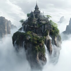 Wall Mural - A majestic castle perched atop a floating island, with waterfalls cascading down its sides and surrounded by wispy clouds.