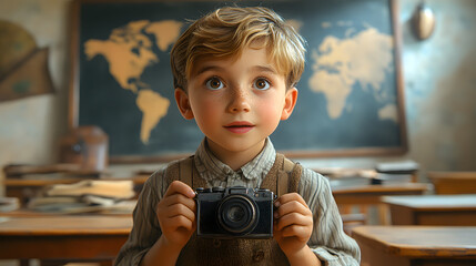 “A Boy Standing in Front of a Blackboard Writing Out Mathematical Equations, Capturing the Essence of Classroom Learning and Education, Ideal for Educational Content, School Themes, and Academic Illus