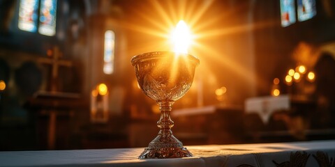 A communion chalice glowing with divine light, set on an altar