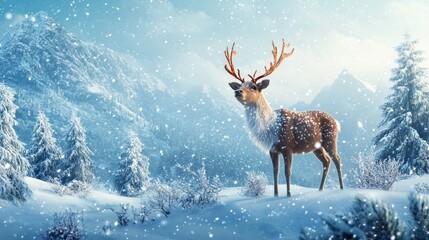 Canvas Print - A majestic reindeer stands in a snowy mountain landscape, with falling snow and a serene winter atmosphere.