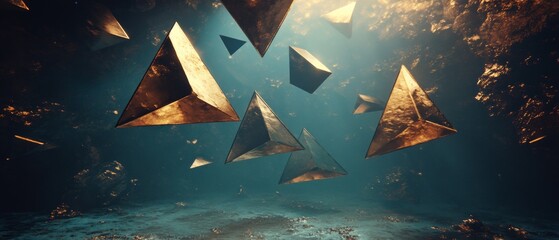 Canvas Print - a series of gold triangles are floating in the air above a blue ocean