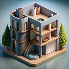 Sticker - Stylized 3D illustration of a modern residential building. perfect for architectural design concepts. real estate marketing. or urban planning presentations.