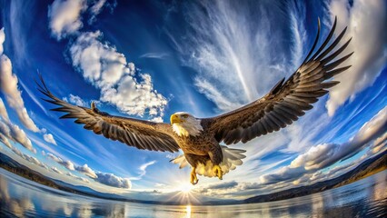 Wall Mural - White tailed eagle flying over blue sky, fisheye perspective