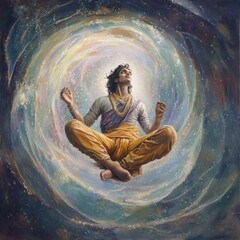 Wall Mural - A man in a meditative pose floats in a swirling vortex of stars and light.