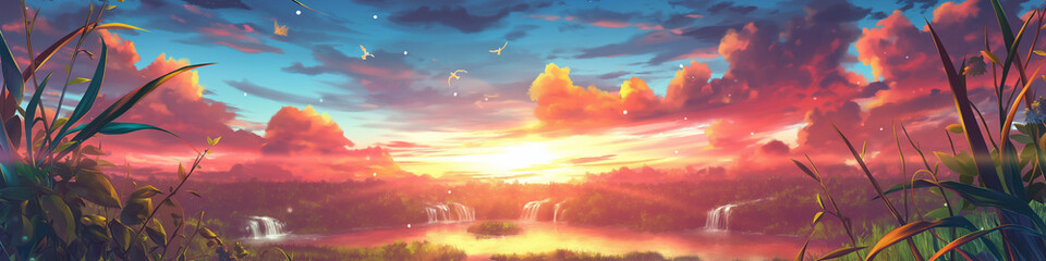 Scenery of waterfall. Styled like an anime or game background. Blue sky, sunset, sunrise, night, fog, snow, rain, cloudiness, autumn leaves, etc.