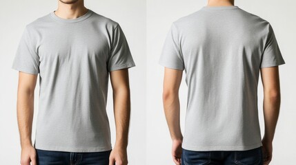 Gray t-shirt mockup on a male model, front and back views.