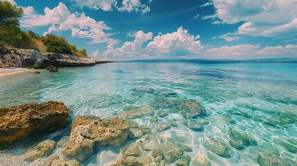 Crystal clear sea water bay. Pristine ocean lagoon sunny cloudy sky, idyllic relaxing seascape.