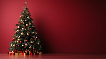 Festively decorated Christmas tree with golden stars and colorful ornaments against a red wall during holiday season celebration