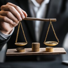 Sticker - A man's hand holds a small wooden scale with gold coins on each side, representing balance and equality in finance.