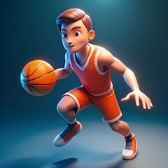 Wall Mural - A fun and energetic cartoon basketball player dribbling the ball with a determined look on his face.