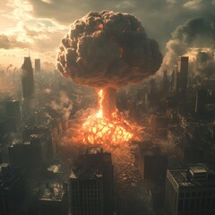 Sticker - A massive mushroom cloud rises over a city, a visual representation of the destructive power of nuclear war.