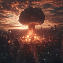 Wall Mural - A massive mushroom cloud rises over a city, engulfing it in flames and smoke.