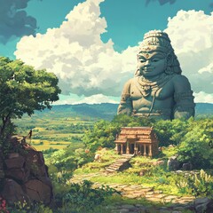 Wall Mural - A massive stone statue of a deity stands overlooking a temple and village, surrounded by lush greenery under a clear blue sky.