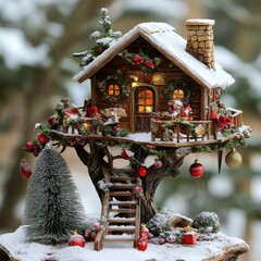 Wall Mural - A miniature Christmas treehouse with a snowy backdrop, lights, and decorations.