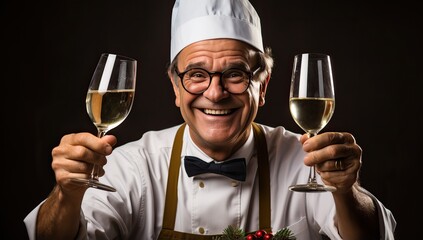 Happy Chef holding two champagne glasses celebrating success in the restaurant kitchen