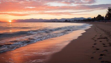 Tropical beach sunrise with footprints in sand, scenic ocean waves, vibrant sky, idyllic landscape