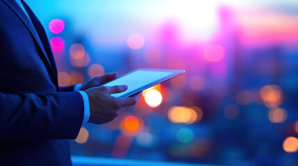 A man in a suit holding a tablet in front of a city skyline. Concept of modernity and technology, as the man is using a tablet to interact with the urban environment