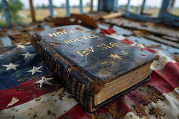 Ancient closed book with green cover on a wooden table