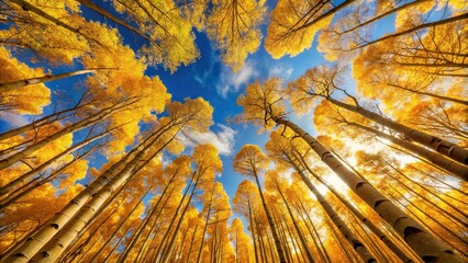 Wide-angle view of golden aspen grove canopy in autumn