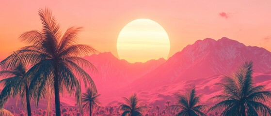 A beautiful sunset over a tropical landscape with palm trees