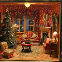 Sticker - A miniature living room decorated for Christmas with a Christmas tree, a fireplace, a couch, and two chairs.