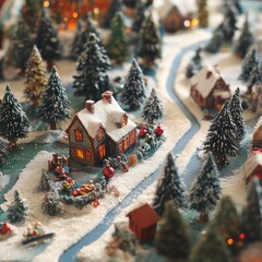 Canvas Print - A miniature winter village with houses, snow-covered trees, and a winding river.