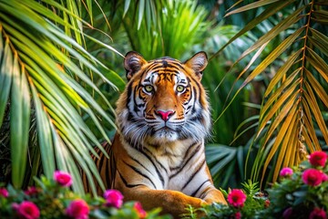 Wild tiger in forest with flowers palm leaves palm trees bamboo leaves seamless textile background