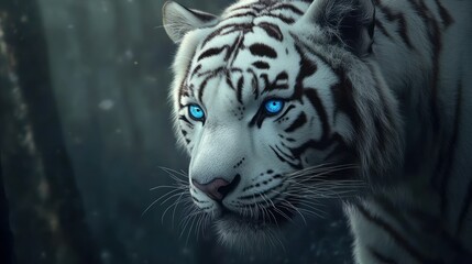 Wall Mural - Close-up of a White Tiger with Blue Eyes in a Forest Setting