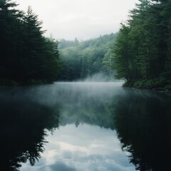 Sticker - A misty morning on a serene lake surrounded by lush greenery.