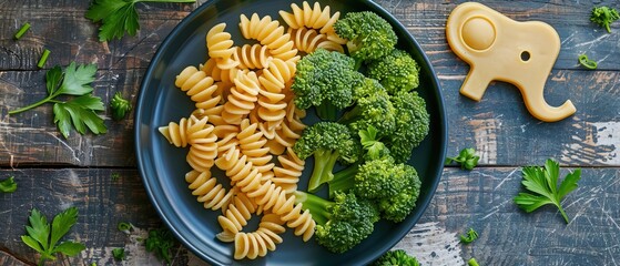 Childrens lunch top view. Steamed broccoli with pasta in an elephant-shaped plate