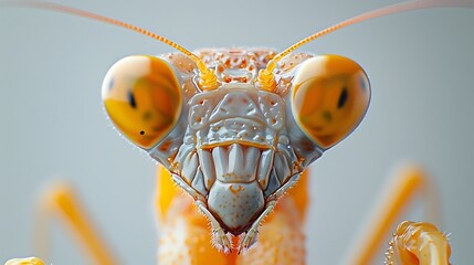 A detailed close-up of a yellow praying mantis against a bright white background, highlighting its unique features and texture.