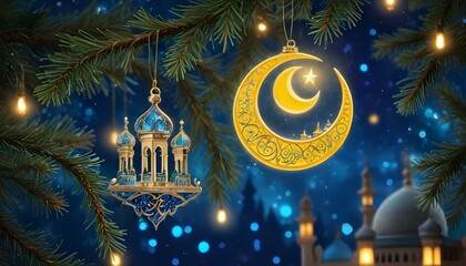 A Eid or Ramzan ornament with a blue moon and a yellow star on it