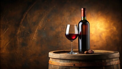 Wine bottle and glass on oak barrel