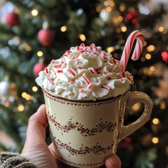 Poster - A mug of hot chocolate topped with whipped cream, peppermint sprinkles, and a candy cane, with a Christmas tree in the background.