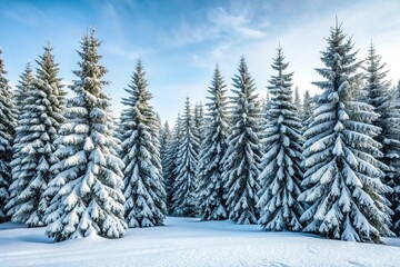 Wall Mural - Winter landscape with snow-covered tall evergreen trees