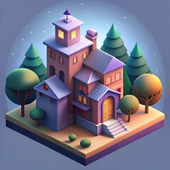 Poster - Charming isometric illustration of a cute house with glowing windows. surrounded by trees and a starry night sky.