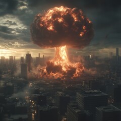 Poster - A mushroom cloud rises over a city skyline after a nuclear explosion.