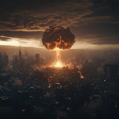 Canvas Print - A mushroom cloud rises over a cityscape after a nuclear explosion.