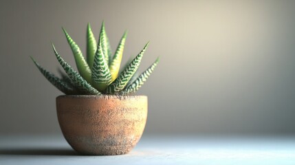 Canvas Print - A Close-Up of a Green and White Striped Succulent in a Terracotta Pot