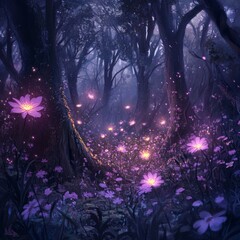 Poster - A mystical forest path with glowing flowers and fireflies in the dark.