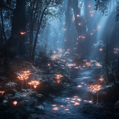 Poster - A mystical forest path with glowing flowers and fireflies, bathed in blue moonlight.