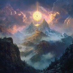 Poster - A mystical golden light shines over a snow-capped mountain range, with clouds swirling around the peaks, as the sun rises.