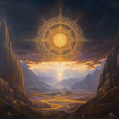 Wall Mural - A mystical sunrise over a valley with a golden sun and a detailed mandala in the clouds.