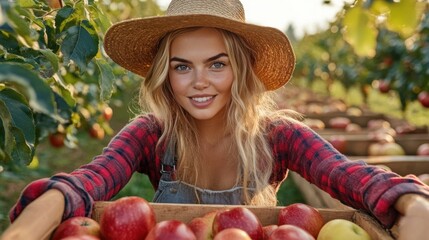 Canvas Print - A woman in a straw hat holding up an apple box, AI