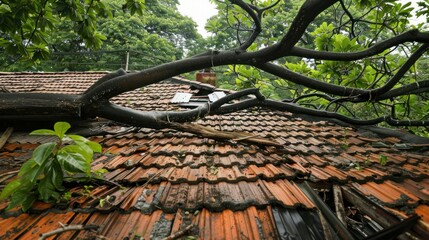 Trees fall on house roofs, damaging roofs after a big monsoon. After the storm