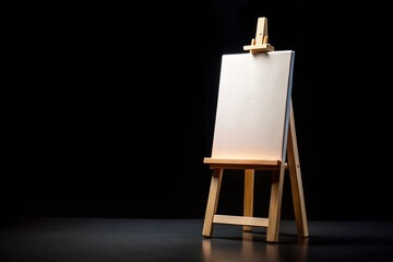 Wooden easel with blank canvas isolated on black medium shot