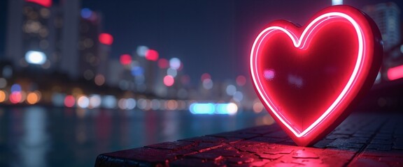 Glowing neon heart romantically illuminates city skyline at night