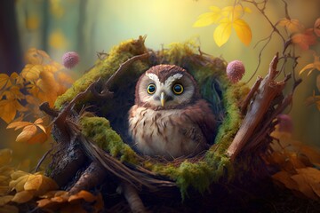 Little owl in a nest on a background of autumn leaves. Halloween concept