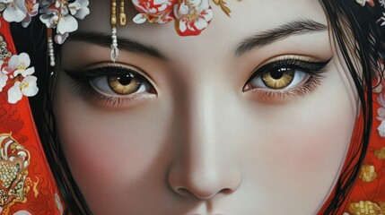 Wall Mural - Close-up Portrait of a Woman with Golden Eyes and Floral Headpiece