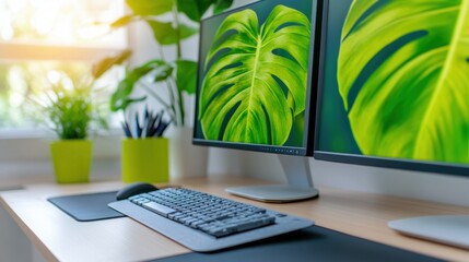 A desk with two computer monitors and a keyboard on it, AI